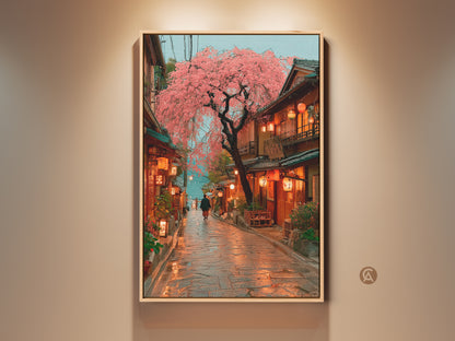 Stunning pink cherry blossom artwork showcasing a Japanese street with glowing lanterns. This travel wall art brings an eclectic touch to any home decor. It captures a cinematic street view with traditional Japanese architecture. The perfect housewarming gift for those who love Asian-inspired art. Add a romantic street scene to your walls.