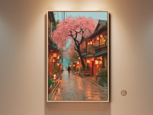 Stunning pink cherry blossom artwork showcasing a Japanese street with glowing lanterns. This travel wall art brings an eclectic touch to any home decor. It captures a cinematic street view with traditional Japanese architecture. The perfect housewarming gift for those who love Asian-inspired art. Add a romantic street scene to your walls.