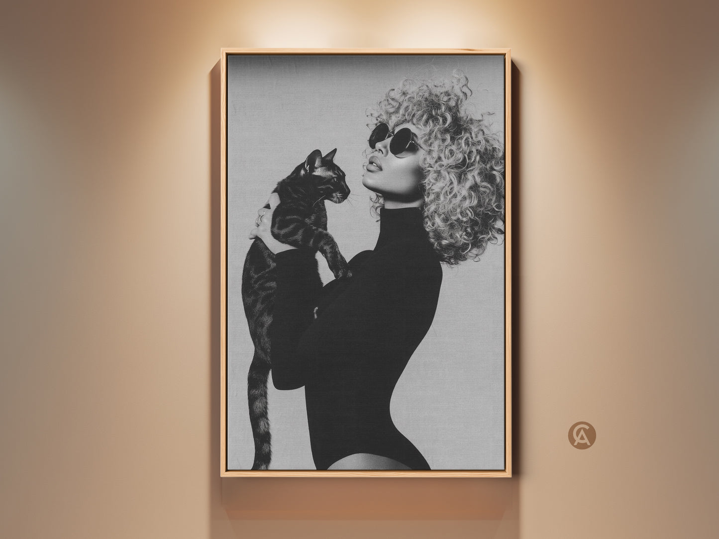 Monochrome fashion art print featuring a woman with a cat. This glamour canvas wall decor in black and white adds elegance to any room. A chic gift for cat moms offering a contemporary touch to home decor. The framed artwork is ready to hang making it a stylish addition to your living space.