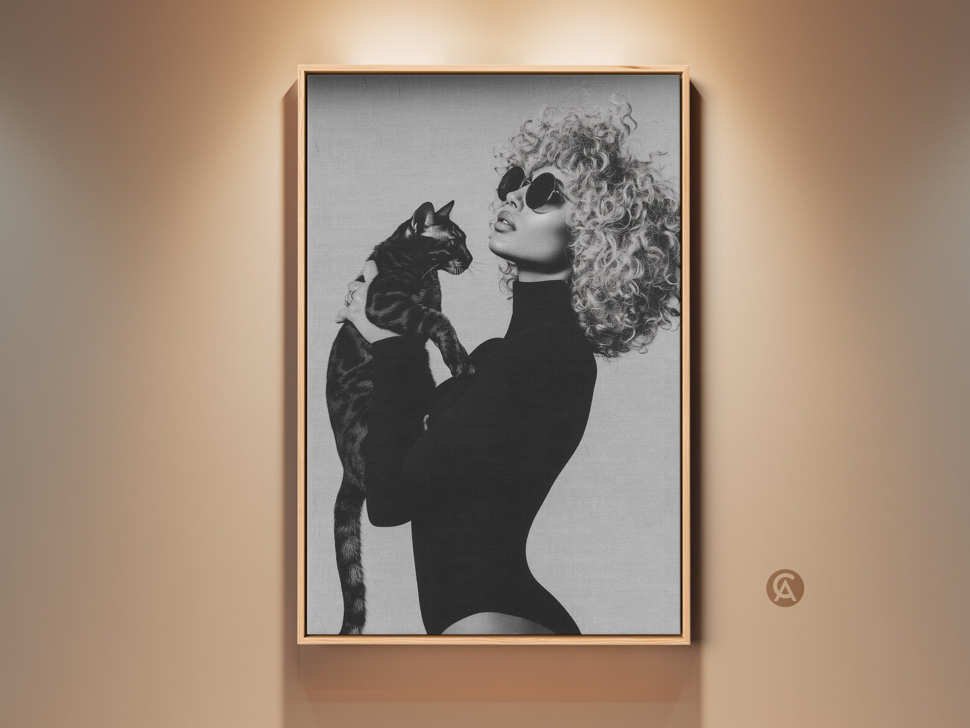Monochrome fashion art print featuring a woman with a cat. This glamour canvas wall decor in black and white adds elegance to any room. A chic gift for cat moms offering a contemporary touch to home decor. The framed artwork is ready to hang making it a stylish addition to your living space.