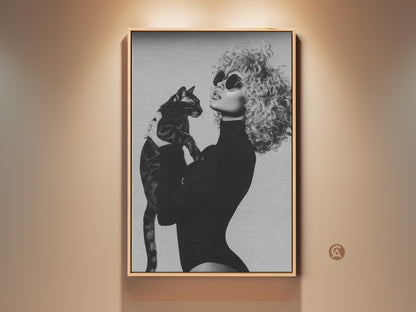 Monochrome fashion art print featuring a woman with a cat. This glamour canvas wall decor in black and white adds elegance to any room. A chic gift for cat moms offering a contemporary touch to home decor. The framed artwork is ready to hang making it a stylish addition to your living space.