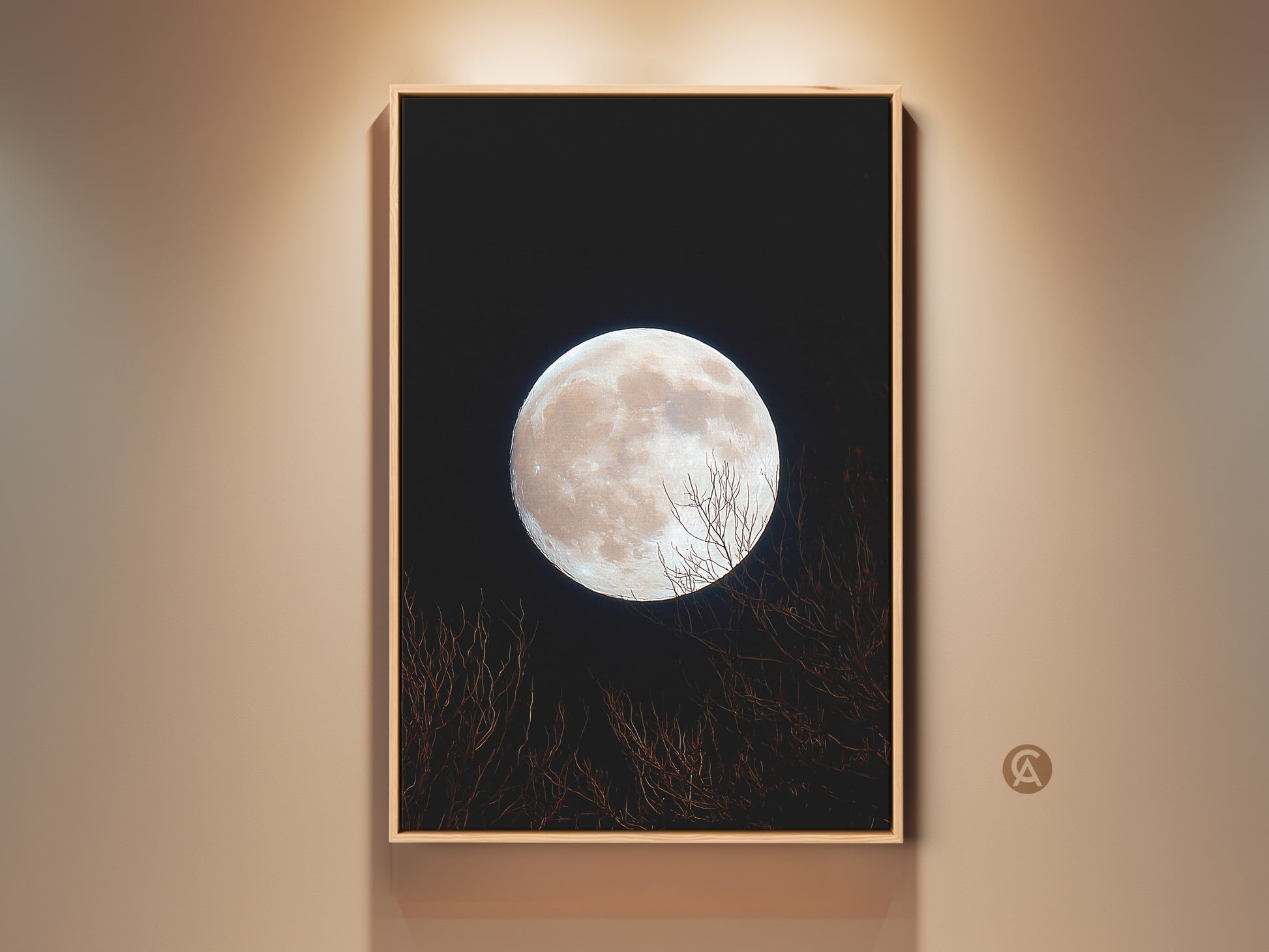 A captivating full moon art print. The artwork is displayed in a wood frame. The moon is a pale color against a deep black sky. Silhouetted branches add depth. Purchase moon art for your home.
