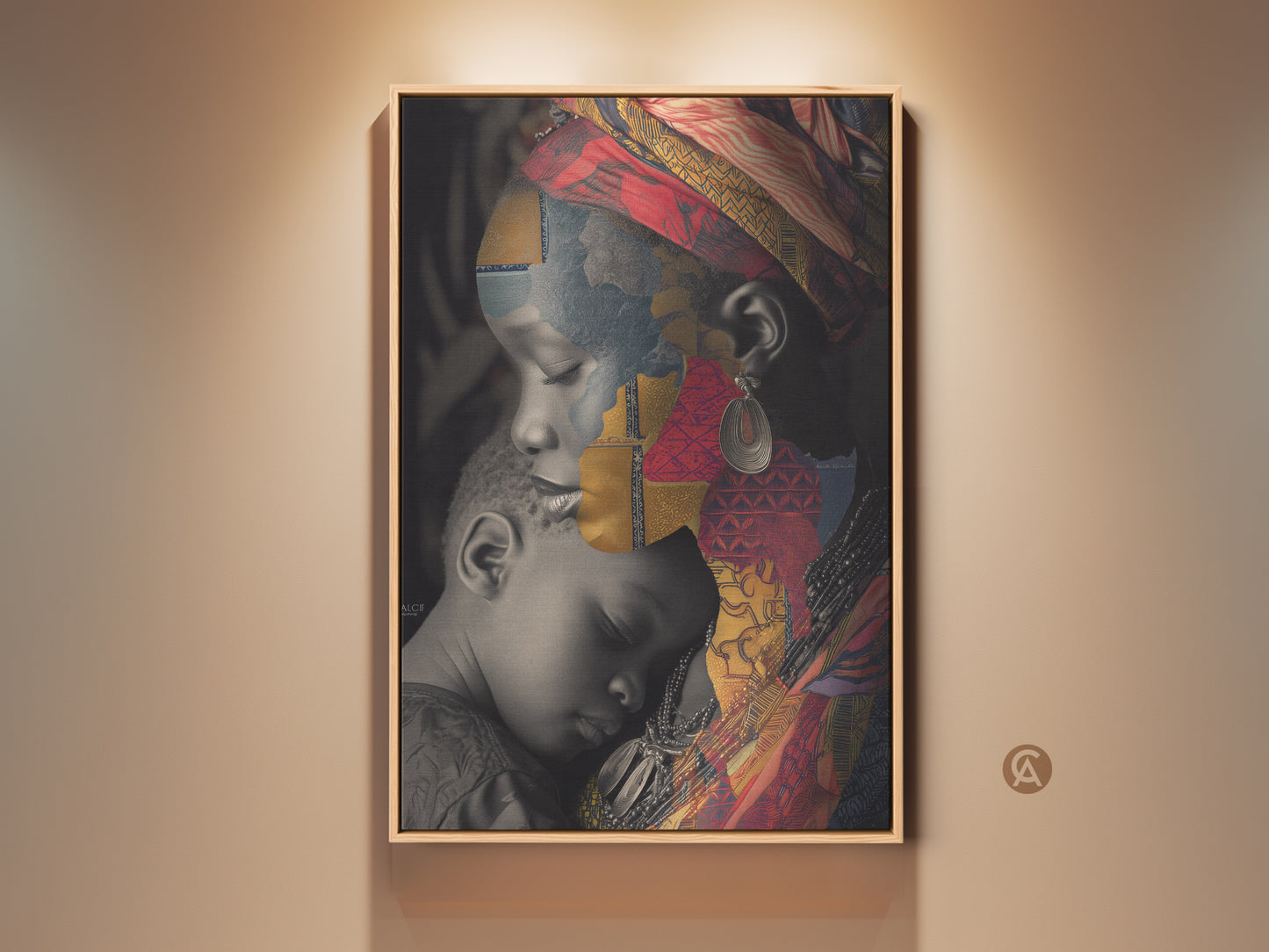 Framed cultural collage art print featuring an African Mother and Child portrait. This eclectic wall decor showcases red gold and blue hues. The artwork adds a unique touch to any space. Perfect as a family gift or statement piece.