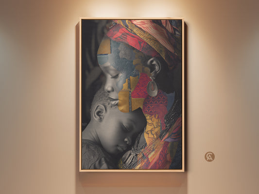Framed cultural collage art print featuring an African Mother and Child portrait. This eclectic wall decor showcases red gold and blue hues. The artwork adds a unique touch to any space. Perfect as a family gift or statement piece.