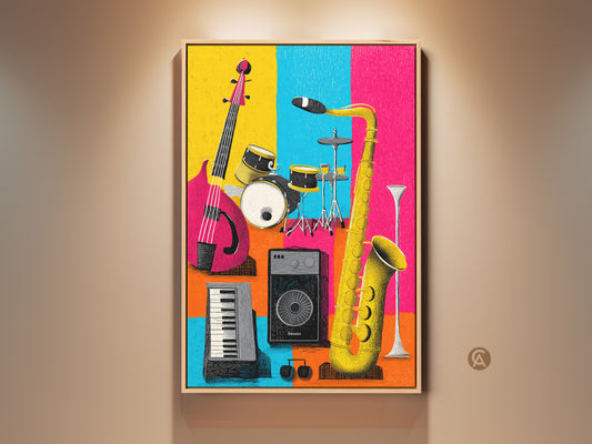 Framed musical instrument art print. This vibrant music artwork features a guitar drums keyboard and saxophone. Bright colorful stripes in the background. Perfect music room wall decor.