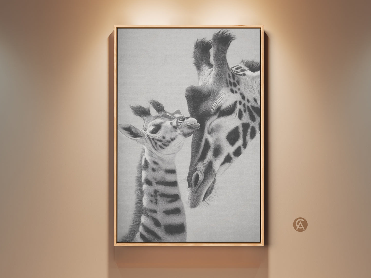 Monochrome giraffe wall art in a modern living space. The realistic pencil sketch captures a touching moment between a mother and baby giraffe. This animal artwork on canvas is a perfect gift for wildlife lovers adding nature to home decor.