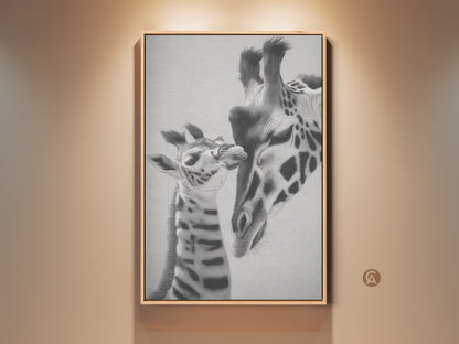 Monochrome giraffe wall art in a modern living space. The realistic pencil sketch captures a touching moment between a mother and baby giraffe. This animal artwork on canvas is a perfect gift for wildlife lovers adding nature to home decor.