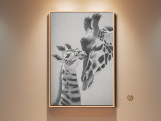 Monochrome giraffe wall art in a modern living space. The realistic pencil sketch captures a touching moment between a mother and baby giraffe. This animal artwork on canvas is a perfect gift for wildlife lovers adding nature to home decor.