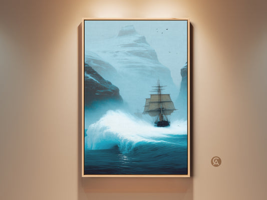 Vintage sailing ship canvas art print in a golden frame. This nautical scene shows a ship on a crashing arctic blue ocean wave. Perfect wall decor for a study room or maritime themed space. It is a great gift for sailors or ocean art collectors.
