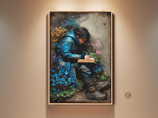 Surreal art print featuring a young man reading. He is surrounded by forget-me-nots. This dark academia home decor adds intellectual charm. It's perfect for study rooms or eclectic spaces. The blue and green tones create a calming mood. Ideal for bookworms and fine art lovers seeking unique wall artwork.