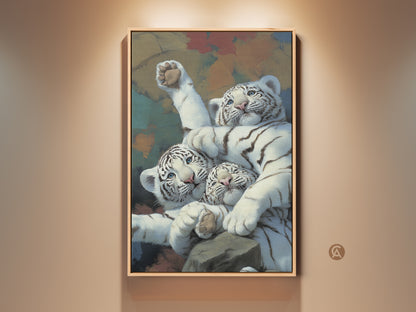 Realistic white tiger cubs art displayed in a frame. This feline canvas print captures newborn tigers in a painterly style. A heartwarming animal lover gift for eclectic home decor. Perfect as bedroom or nursery wall art. The wild animal painting print brings a touch of the jungle indoors.