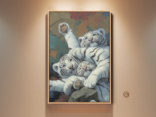 Realistic white tiger cubs art displayed in a frame. This feline canvas print captures newborn tigers in a painterly style. A heartwarming animal lover gift for eclectic home decor. Perfect as bedroom or nursery wall art. The wild animal painting print brings a touch of the jungle indoors.