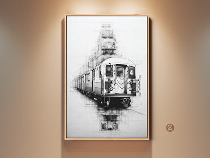 Monochrome subway train line art is framed in wood and hung on a neutral wall. The industrial loft artwork features a sketch style train in black and white. It enhances urban decor for train lovers.