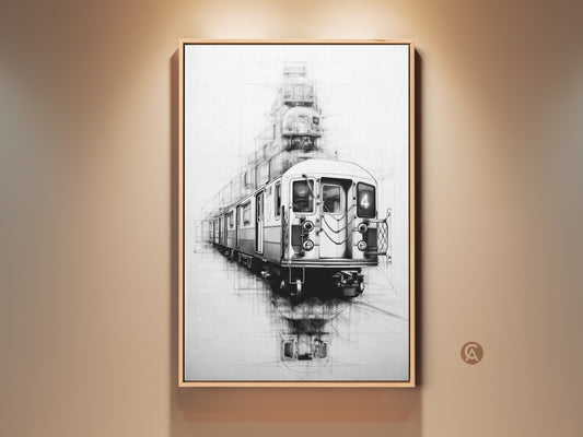 Monochrome subway train line art is framed in wood and hung on a neutral wall. The industrial loft artwork features a sketch style train in black and white. It enhances urban decor for train lovers.