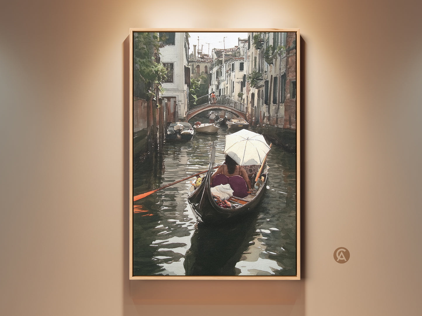 Venice Gondola Art Print showcases a serene watercolor Italian canal cityscape. This eclectic home decor features teal and brown artwork. The scene captures a gondola ride under a bridge adding a touch of romantic European getaway to your living space. Perfect as a travel-inspired wall art.