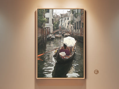 Venice Gondola Art Print showcases a serene watercolor Italian canal cityscape. This eclectic home decor features teal and brown artwork. The scene captures a gondola ride under a bridge adding a touch of romantic European getaway to your living space. Perfect as a travel-inspired wall art.