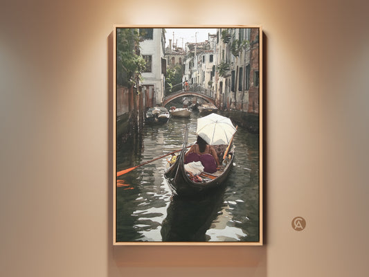 Venice Gondola Art Print showcases a serene watercolor Italian canal cityscape. This eclectic home decor features teal and brown artwork. The scene captures a gondola ride under a bridge adding a touch of romantic European getaway to your living space. Perfect as a travel-inspired wall art.