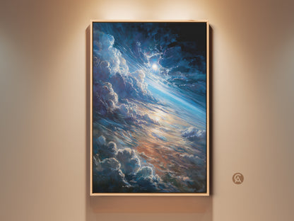Framed space art is displayed on a wall. The art features a celestial view with clouds and a bright sun. This framed canvas adds a touch of cosmic beauty to any room. The artwork enhances your home decor with stunning space-themed art.