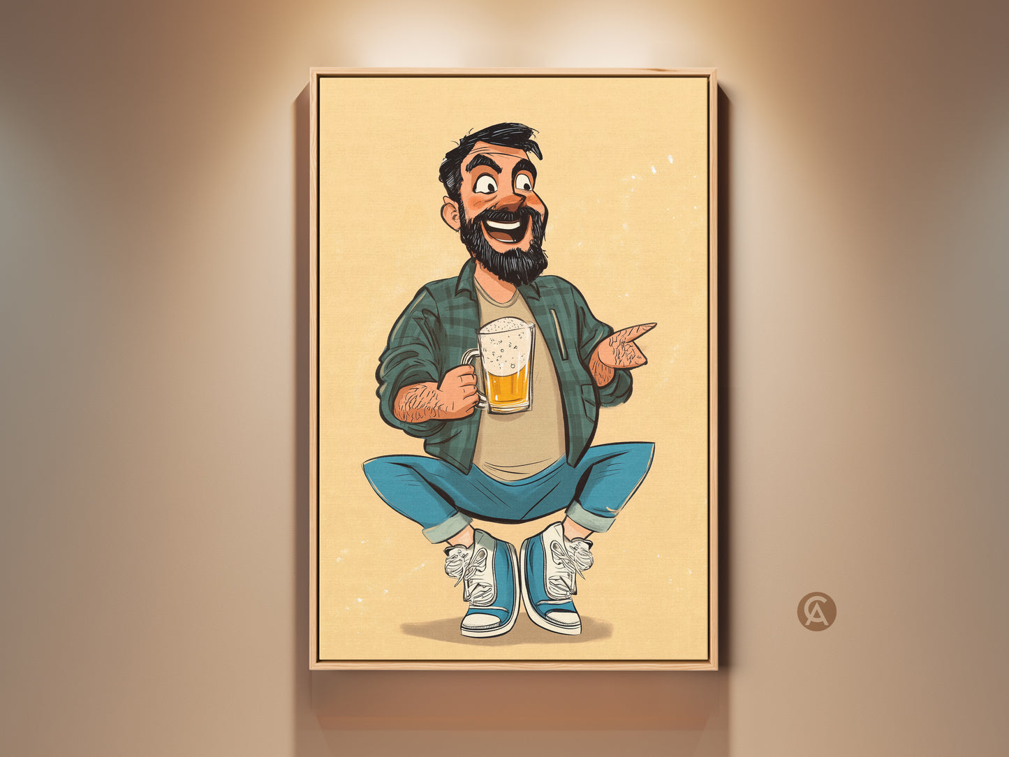 Funny beer guy art print adds humor to any room. Cartoon character wall decor is perfect for a man cave or pub. Makes a great Father's Day gift for beer enthusiasts. A lighthearted conversation starter.