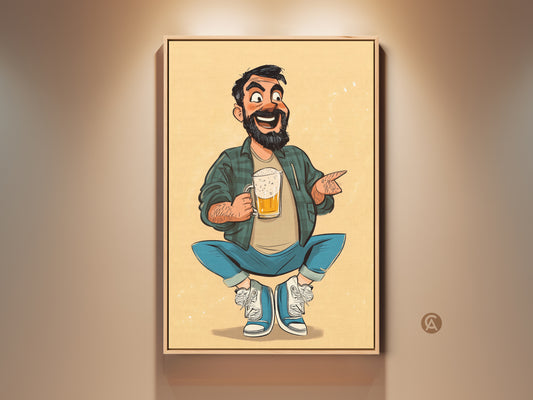 Funny beer guy art print adds humor to any room. Cartoon character wall decor is perfect for a man cave or pub. Makes a great Father's Day gift for beer enthusiasts. A lighthearted conversation starter.