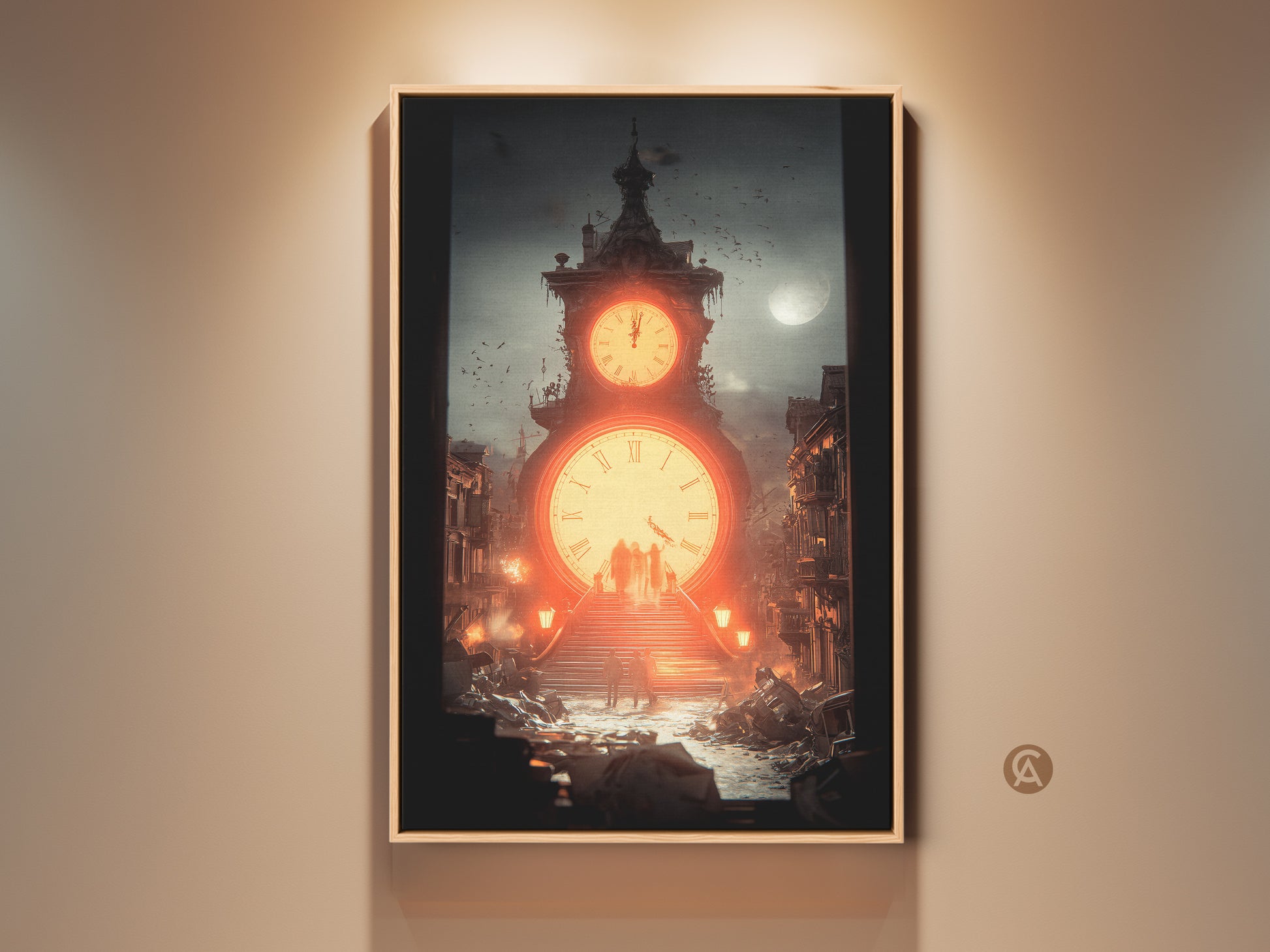 A captivating steampunk canvas art print featuring a surreal clock tower. The deep teal and fiery orange tones create a unique industrial urban decay scene. Perfect industrial office art for dreamers.