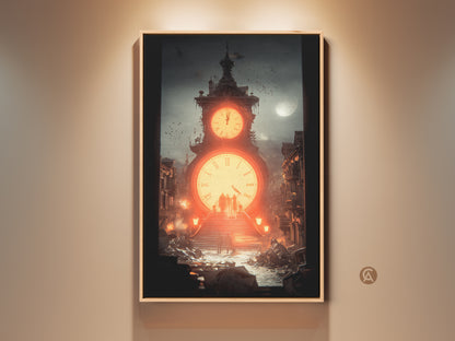 A captivating steampunk canvas art print featuring a surreal clock tower. The deep teal and fiery orange tones create a unique industrial urban decay scene. Perfect industrial office art for dreamers.
