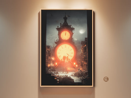 A captivating steampunk canvas art print featuring a surreal clock tower. The deep teal and fiery orange tones create a unique industrial urban decay scene. Perfect industrial office art for dreamers.