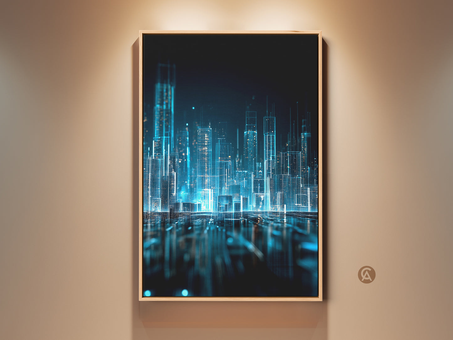 Framed digital city art. This artwork is a blue glowing cityscape. The art features a modern city. The artwork is displayed in a wooden frame. Perfect for modern decor.