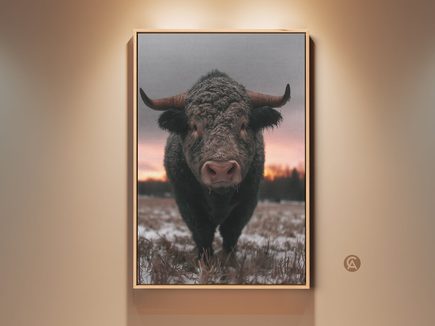 Rustic bull canvas art in a farmhouse setting. Brown and gray tones give it a cozy feel. Perfect wildlife animal home decor for a country home. A striking bull portrait captures a winter scene. This canvas print is a unique housewarming gift art for animal lovers.