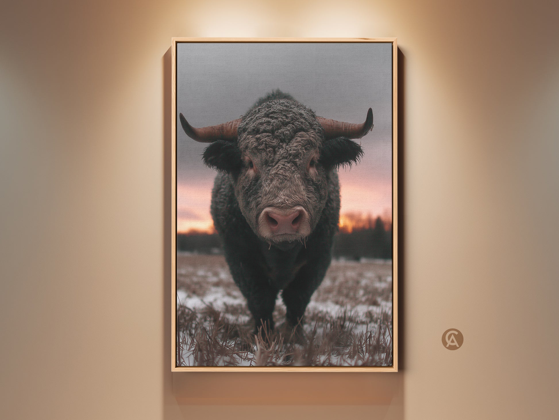 Rustic bull canvas art in a farmhouse setting. Brown and gray tones give it a cozy feel. Perfect wildlife animal home decor for a country home. A striking bull portrait captures a winter scene. This canvas print is a unique housewarming gift art for animal lovers.