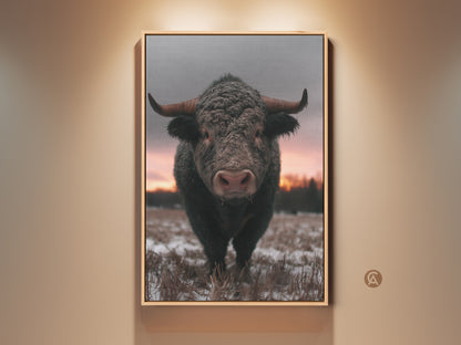 Rustic bull canvas art in a farmhouse setting. Brown and gray tones give it a cozy feel. Perfect wildlife animal home decor for a country home. A striking bull portrait captures a winter scene. This canvas print is a unique housewarming gift art for animal lovers.