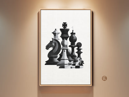Elevate your space with this abstract chess canvas art. The geometric knight print adds a modern touch to any room. This monochrome strategy game wall decor is a perfect office artwork gift. It is printed on premium canvas and framed in a wooden border.