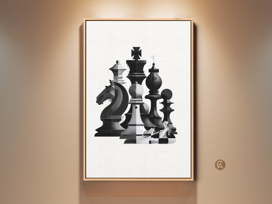 Elevate your space with this abstract chess canvas art. The geometric knight print adds a modern touch to any room. This monochrome strategy game wall decor is a perfect office artwork gift. It is printed on premium canvas and framed in a wooden border.