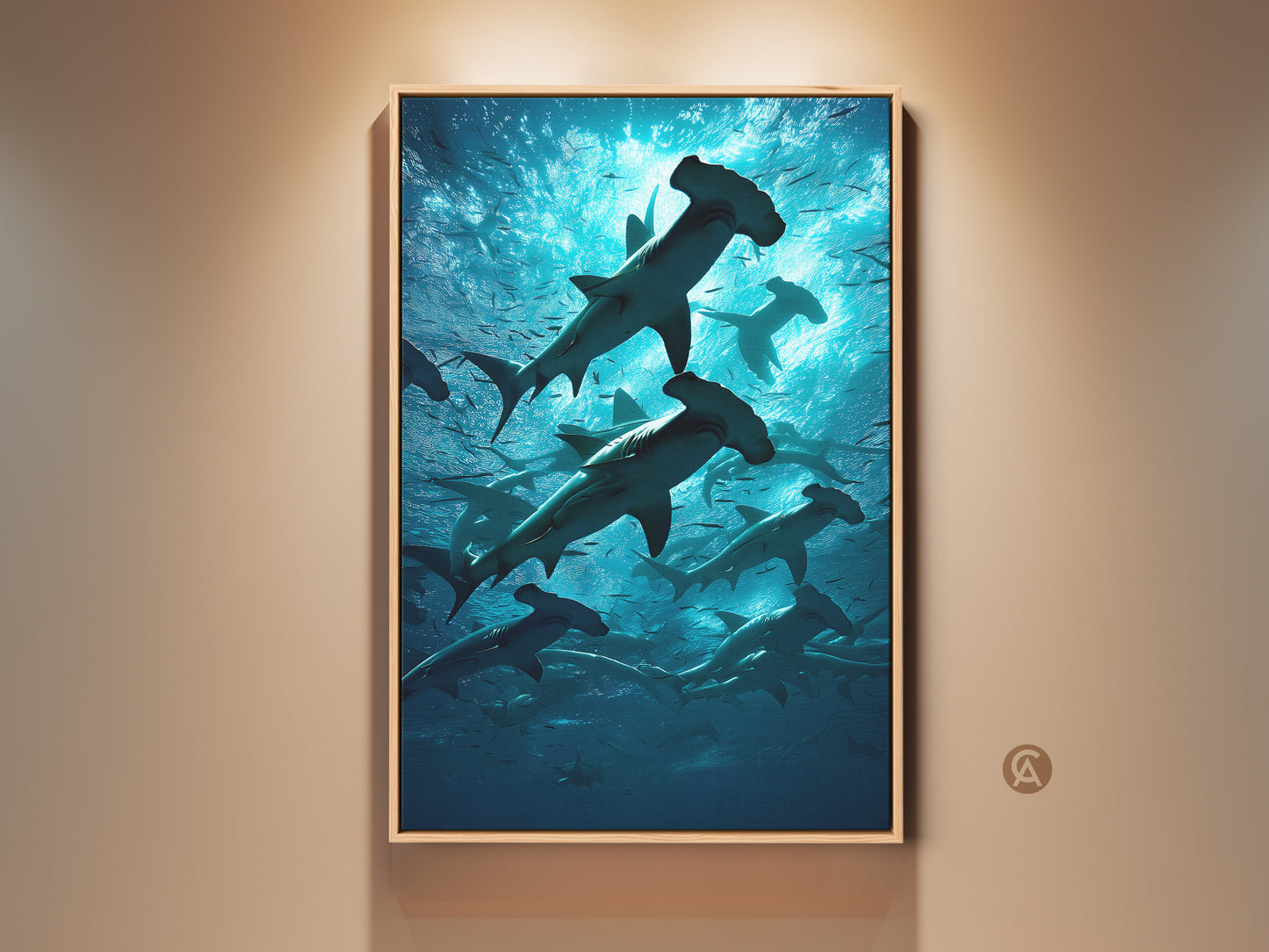 Contemporary art featuring a school of hammerhead sharks swimming in an aqua teal ocean. This canvas print adds deep blue wildlife nature to any room. Perfect office wall decor or gift for ocean lovers.