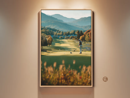 Experience the beauty of golf with this golf course artwork. A golfer prepares to tee off on a lush green course framed by mountains. Perfect for adding a touch of sporty elegance to any space. The artwork is displayed in a oak floating frame.