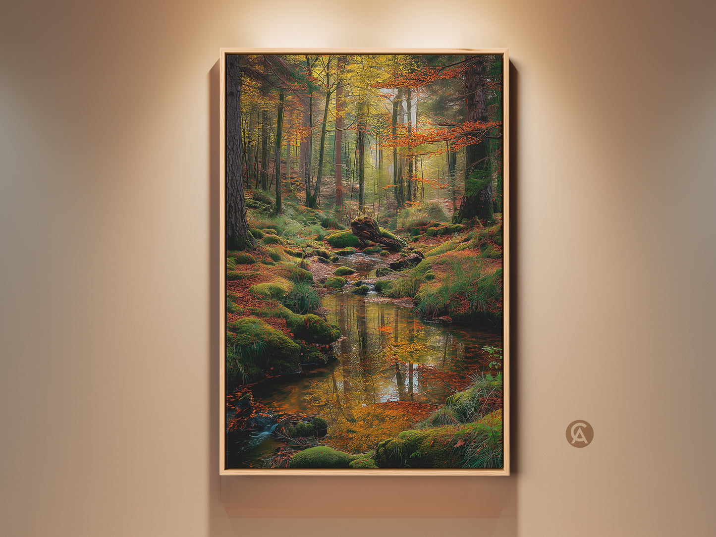 Framed forest stream artwork. Captures a serene forest scene with a gentle stream flowing through mossy rocks. The framed artwork adds a touch of elegance. Perfect for nature lovers seeking a calming atmosphere.