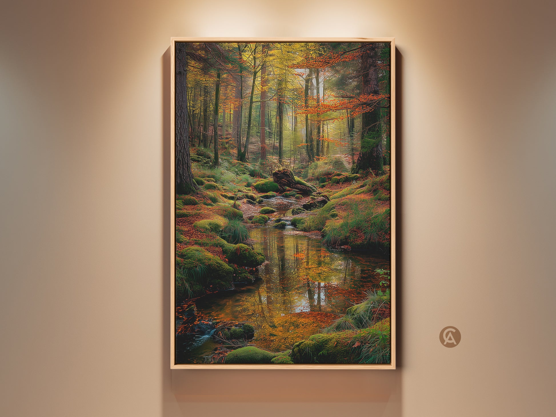Framed forest stream artwork. Captures a serene forest scene with a gentle stream flowing through mossy rocks. The framed artwork adds a touch of elegance. Perfect for nature lovers seeking a calming atmosphere.