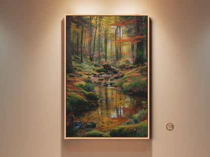 Framed forest stream artwork. Captures a serene forest scene with a gentle stream flowing through mossy rocks. The framed artwork adds a touch of elegance. Perfect for nature lovers seeking a calming atmosphere.