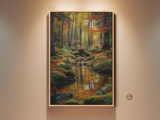 Framed forest stream artwork. Captures a serene forest scene with a gentle stream flowing through mossy rocks. The framed artwork adds a touch of elegance. Perfect for nature lovers seeking a calming atmosphere.