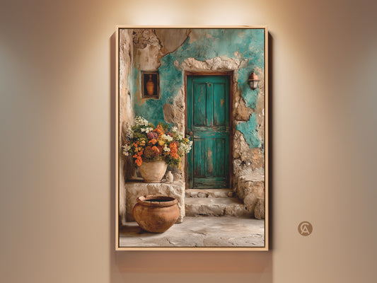 Mediterranean floral artwork featuring a rustic teal door. A vibrant floral arrangement in a pot sits on stone steps. This travel-inspired gift brings old-world charm to any entryway wall. The canvas captures architectural and botanical beauty creating a unique wall hanging.