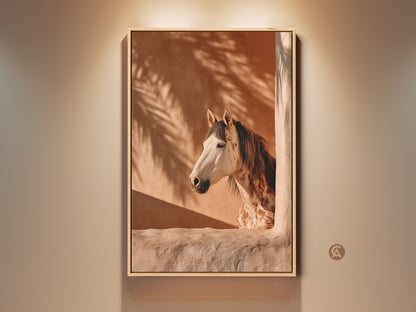 Boho horse wall art in terracotta tones. This photorealistic horse art print features subtle palm fronds. It's a stunning equestrian decor piece. The warm tones create natural wildlife canvas art. Perfect gift for horse lovers adding rustic boho charm to your home decor.  
