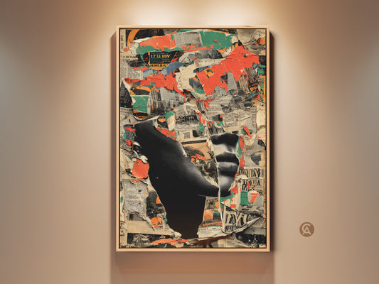 View of Abstract Collage Art Print. This urban deconstructivist cityscape artwork features red black and green tones. Perfect modern wall decor for a study or office. This is bold and eclectic art.
