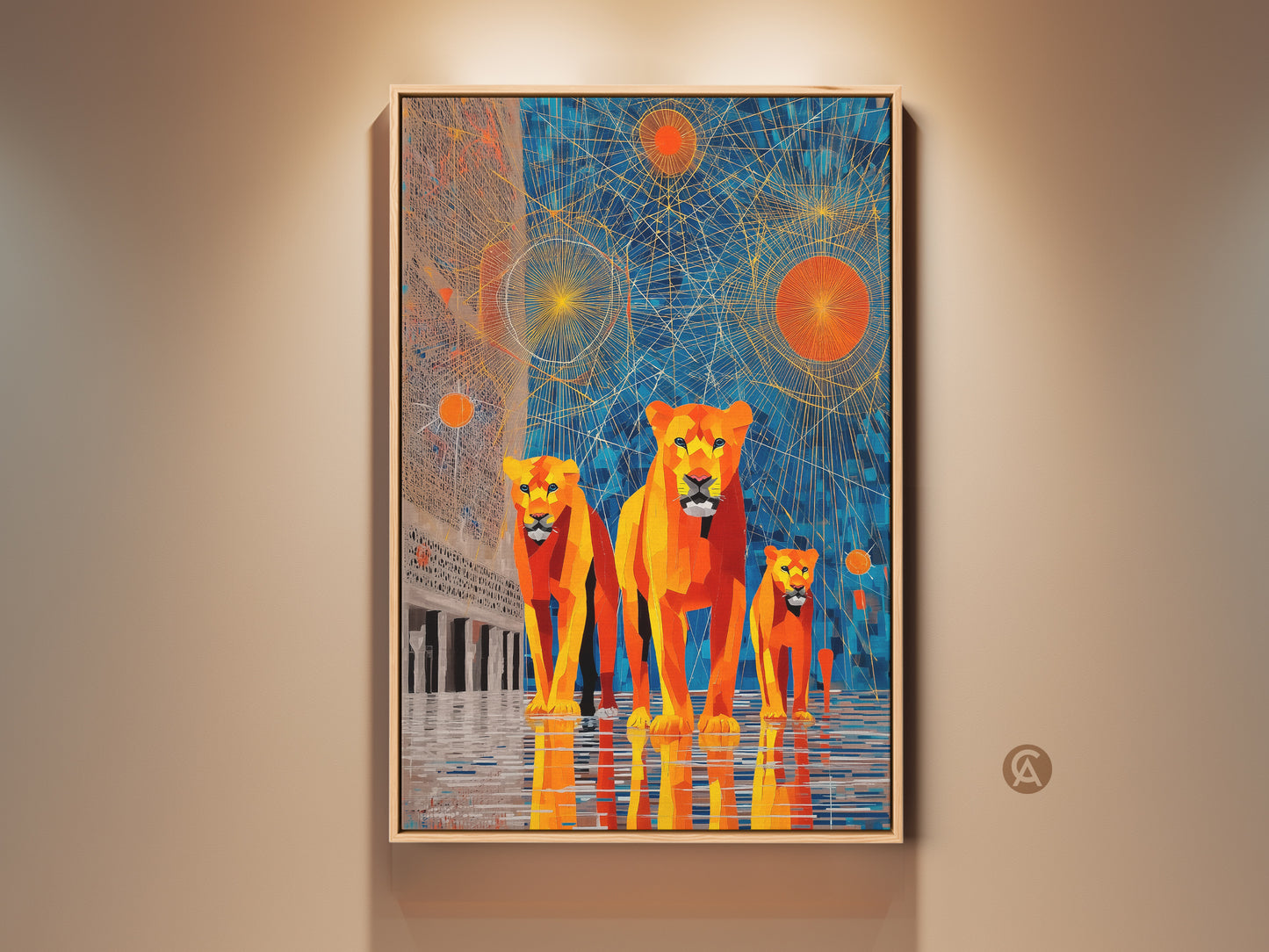 Contemporary art featuring a lion family in blue and orange geometric patterns. This abstract sunburst animal artwork is a bold statement piece. It adds a touch of modern wildlife art to any room. This canvas print showcases a regal lion portrait perfect for animal lovers seeking unique wall decor.