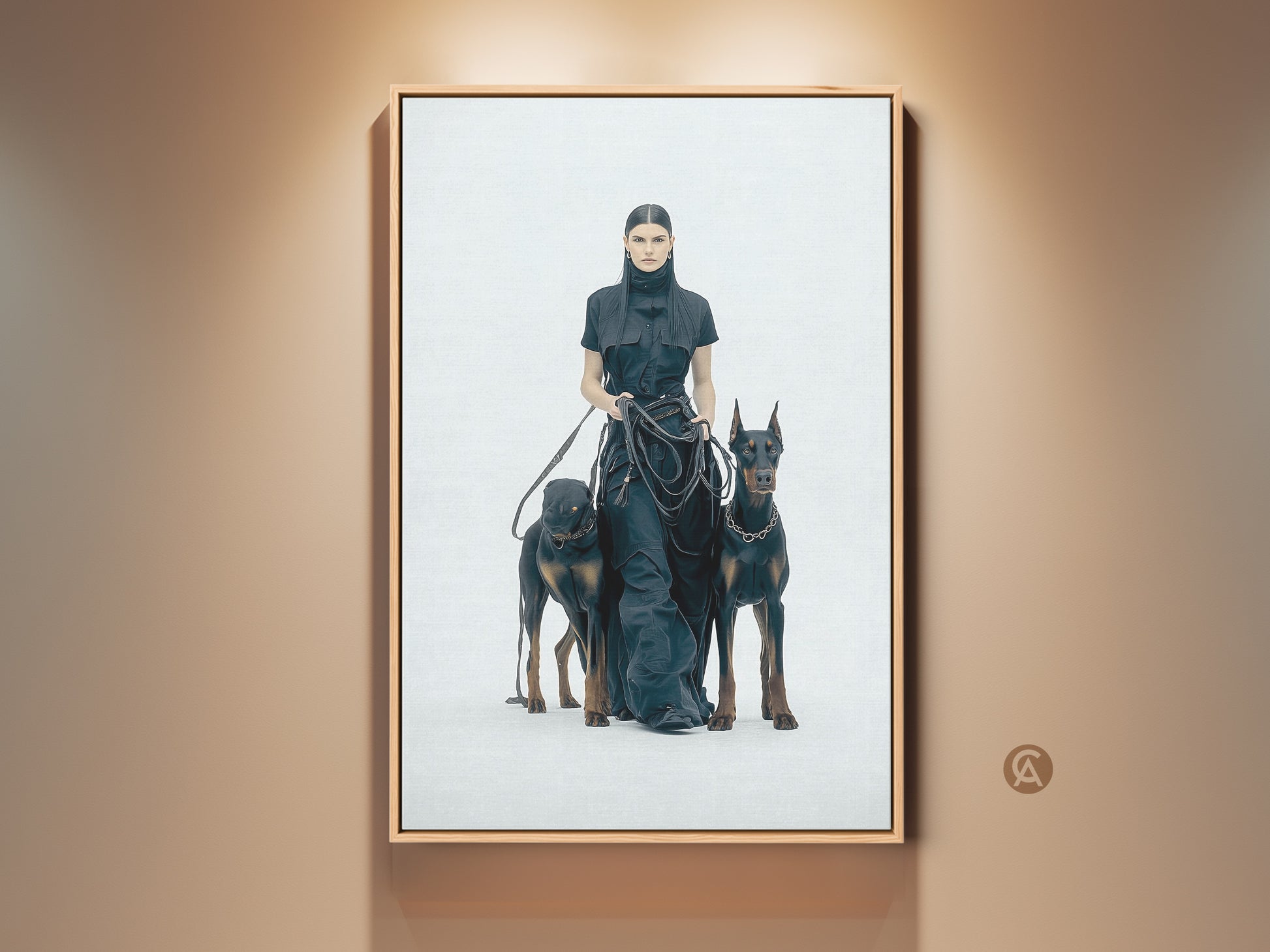 Woman with Doberman dogs canvas print. Monochrome minimalist art for modern home decor. High-contrast fashion portrait wall hanging. Unique gift for dog lovers. A sophisticated addition to any contemporary space. Black and white artwork.