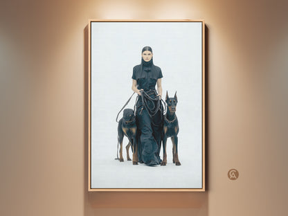 Woman with Doberman dogs canvas print. Monochrome minimalist art for modern home decor. High-contrast fashion portrait wall hanging. Unique gift for dog lovers. A sophisticated addition to any contemporary space. Black and white artwork.