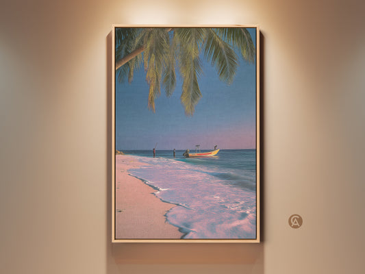 Tropical beach canvas art showcases a serene ocean view. The palm tree boat print brings a coastal vibe with pink blue teal wall decor. It's a perfect housewarming gift idea. This residential wall decor offers a tranquil vacation escape with its calm beach artwork.