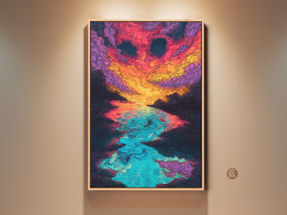 Framed artwork featuring an abstract sunset over water. The art uses vibrant colors like pink orange and blue. The art is framed in a light wood color. The artwork is displayed on a wall.