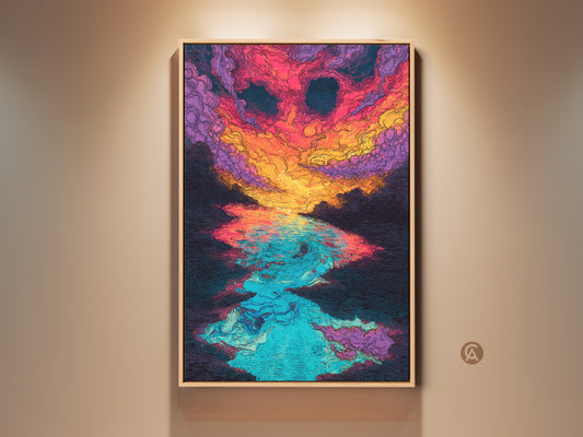 Framed artwork featuring an abstract sunset over water. The art uses vibrant colors like pink orange and blue. The art is framed in a light wood color. The artwork is displayed on a wall.