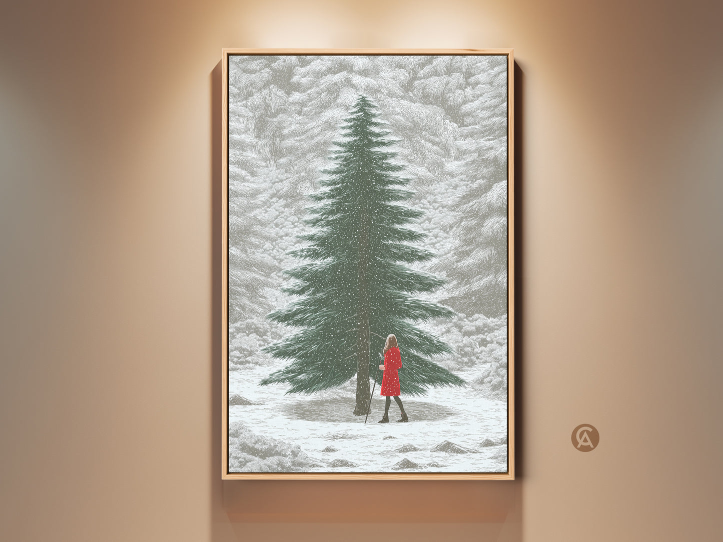Winter forest canvas print featuring a woman in a red dress. This snowy landscape wall art brings Scandinavian home decor to life. A perfect gift for nature lovers seeking cozy elegance.