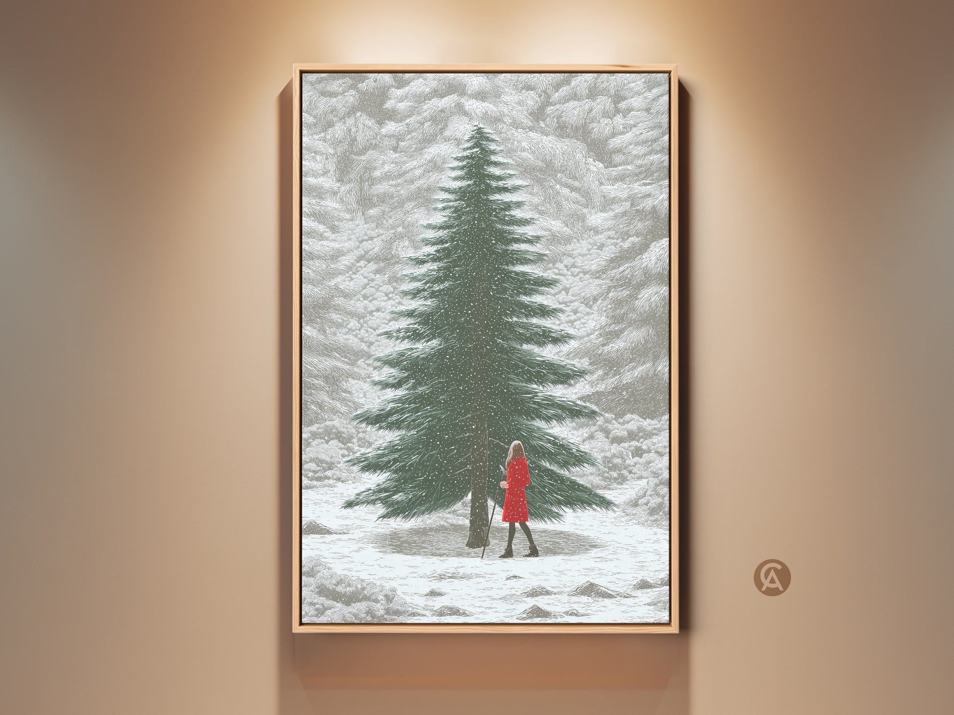 Winter forest canvas print featuring a woman in a red dress. This snowy landscape wall art brings Scandinavian home decor to life. A perfect gift for nature lovers seeking cozy elegance.